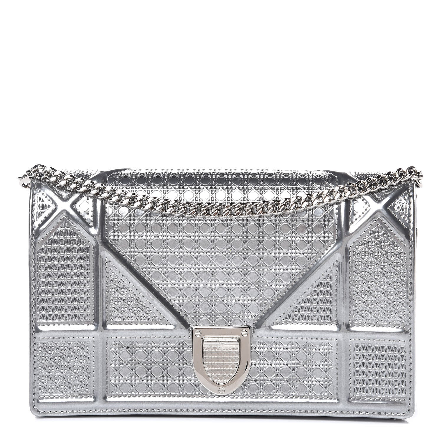Christian Dior Metallic Patent Micro-Cannage Diorama Wallet on Chain Pouch Silver 1 of 11
