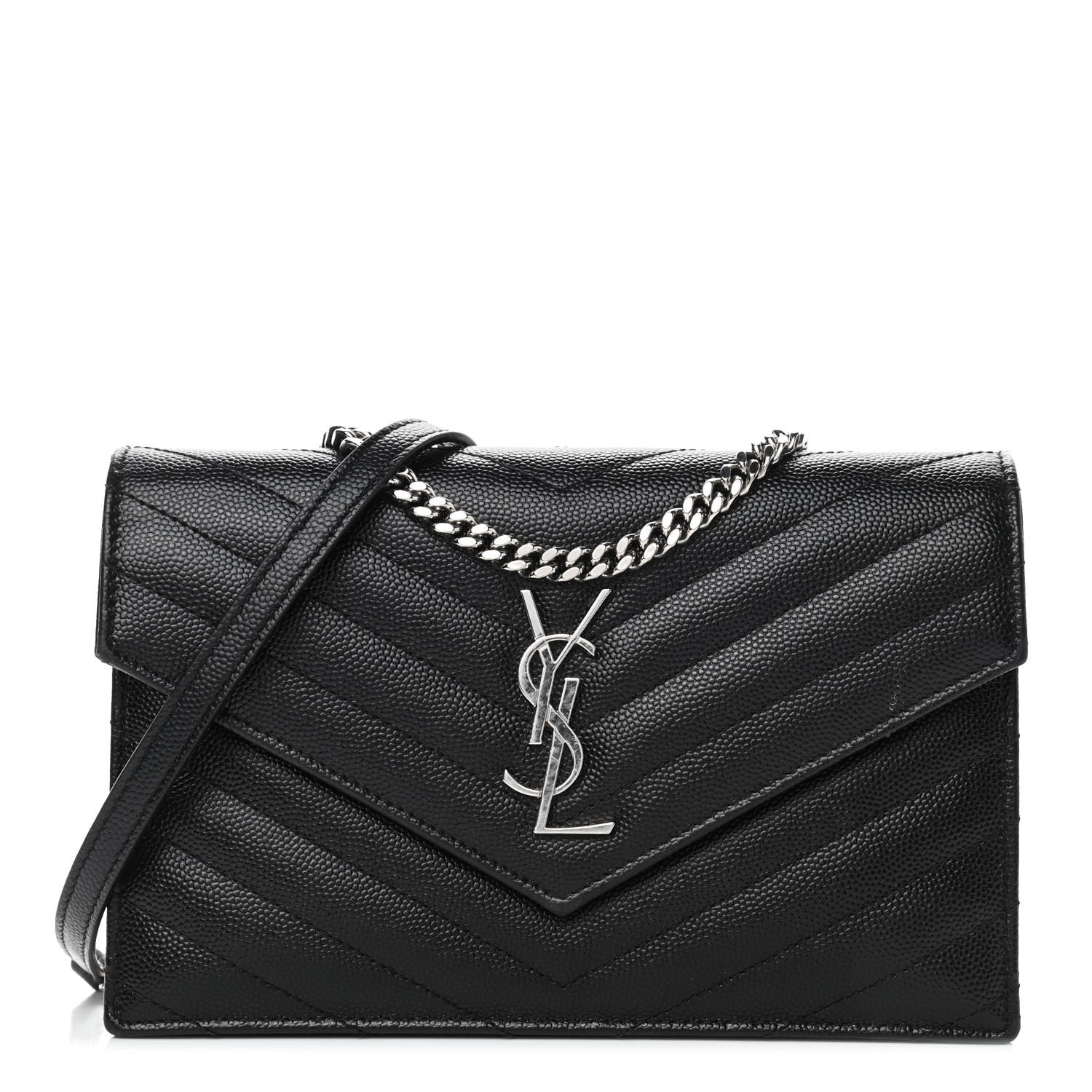 Saint Laurent Grain De Poudre Matelasse Chevron Monogram Envelope Chain Wallet Black 1 of 5