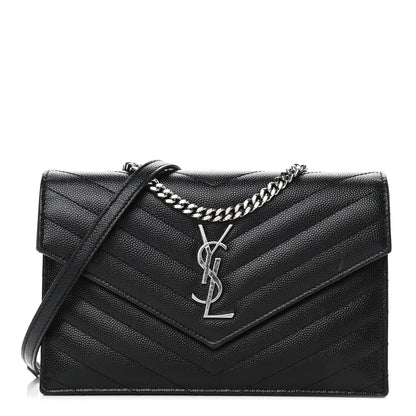 Saint Laurent Grain De Poudre Matelasse Chevron Monogram Envelope Chain Wallet Black 1 of 5