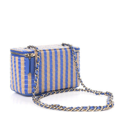Chanel Raffia Jute Striped Small Vanity Case With Chain Blue Beige 3 of 11