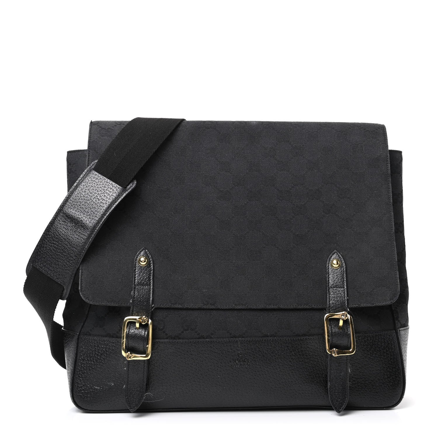 Gucci Monogram Calfskin Double Buckle Flap Messenger Bag Black 1 of 11