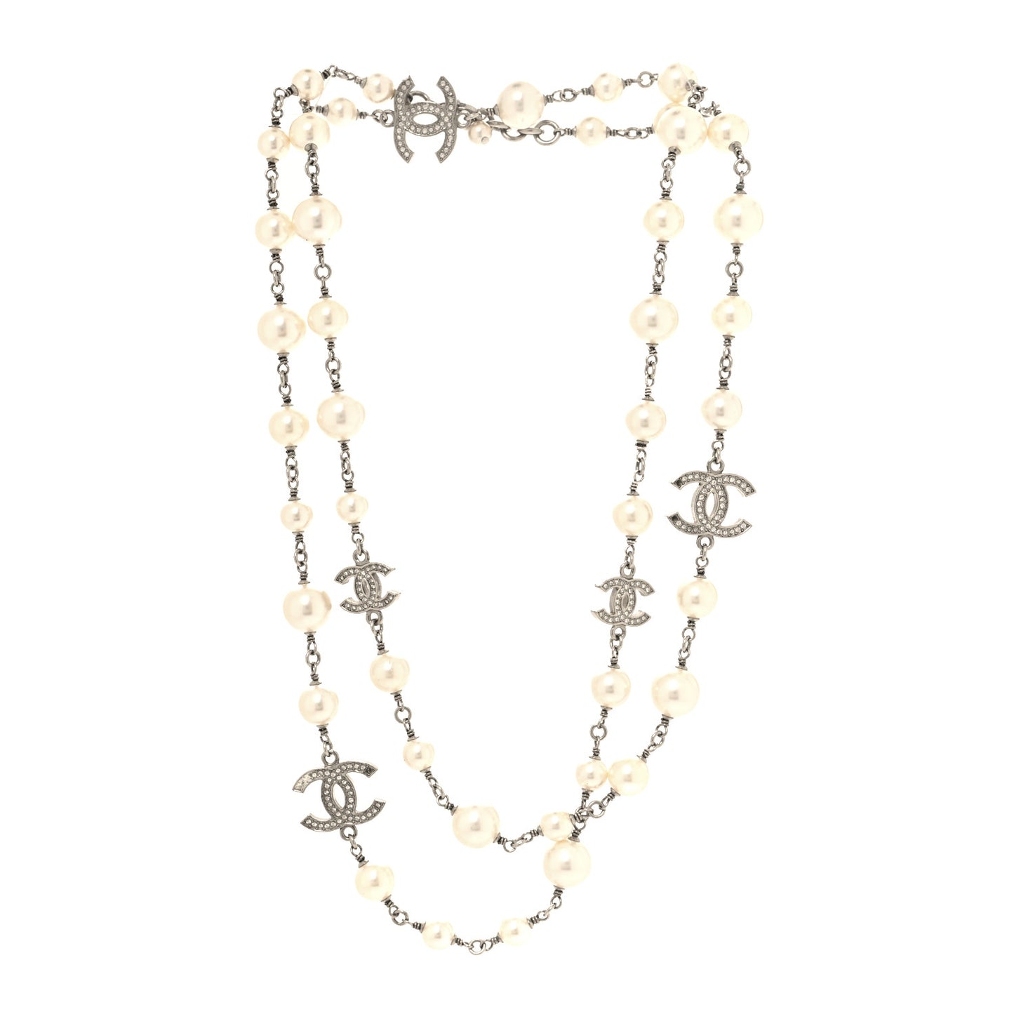 Graduated Pearl Crystal CC Long Necklace Silver