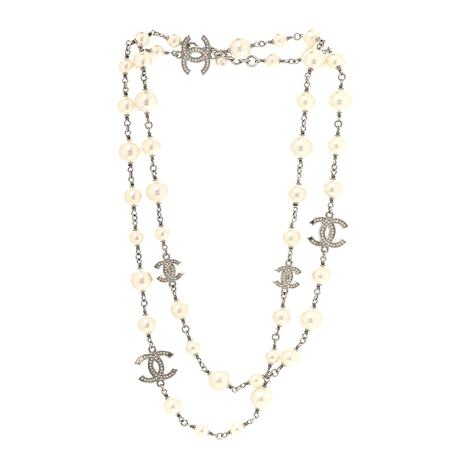 Chanel Graduated Pearl Crystal CC Long Necklace Silver 3 of 6