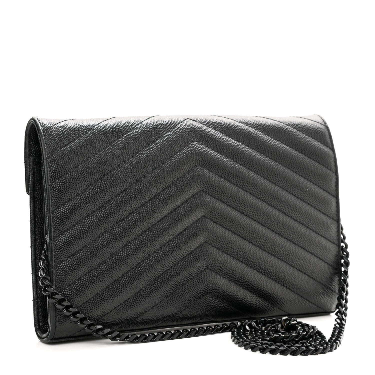 Saint Laurent Grain De Poudre Matelasse Chevron Monogram Monochrome Chain Wallet Black 2 of 10