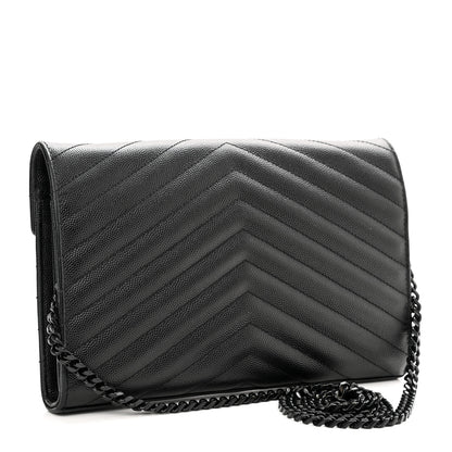 Saint Laurent Grain De Poudre Matelasse Chevron Monogram Monochrome Chain Wallet Black 2 of 10