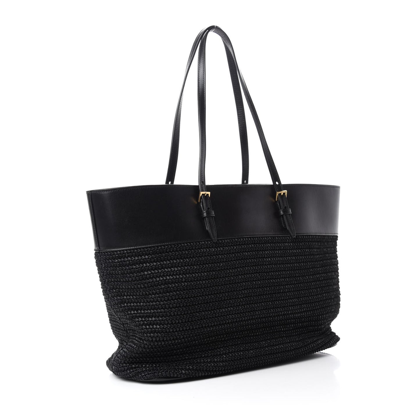Calfskin Raffia Medium Shopper Tote Black
