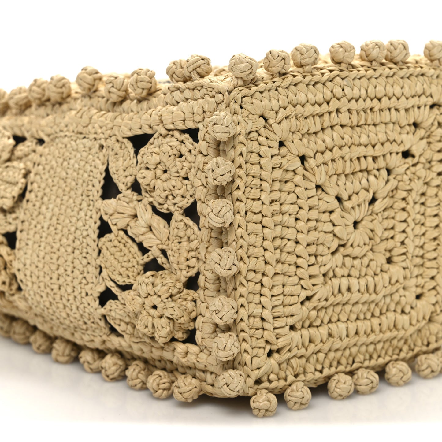 Woven Raffia Floral Embellished D-Bubble Bucket Bag Natural