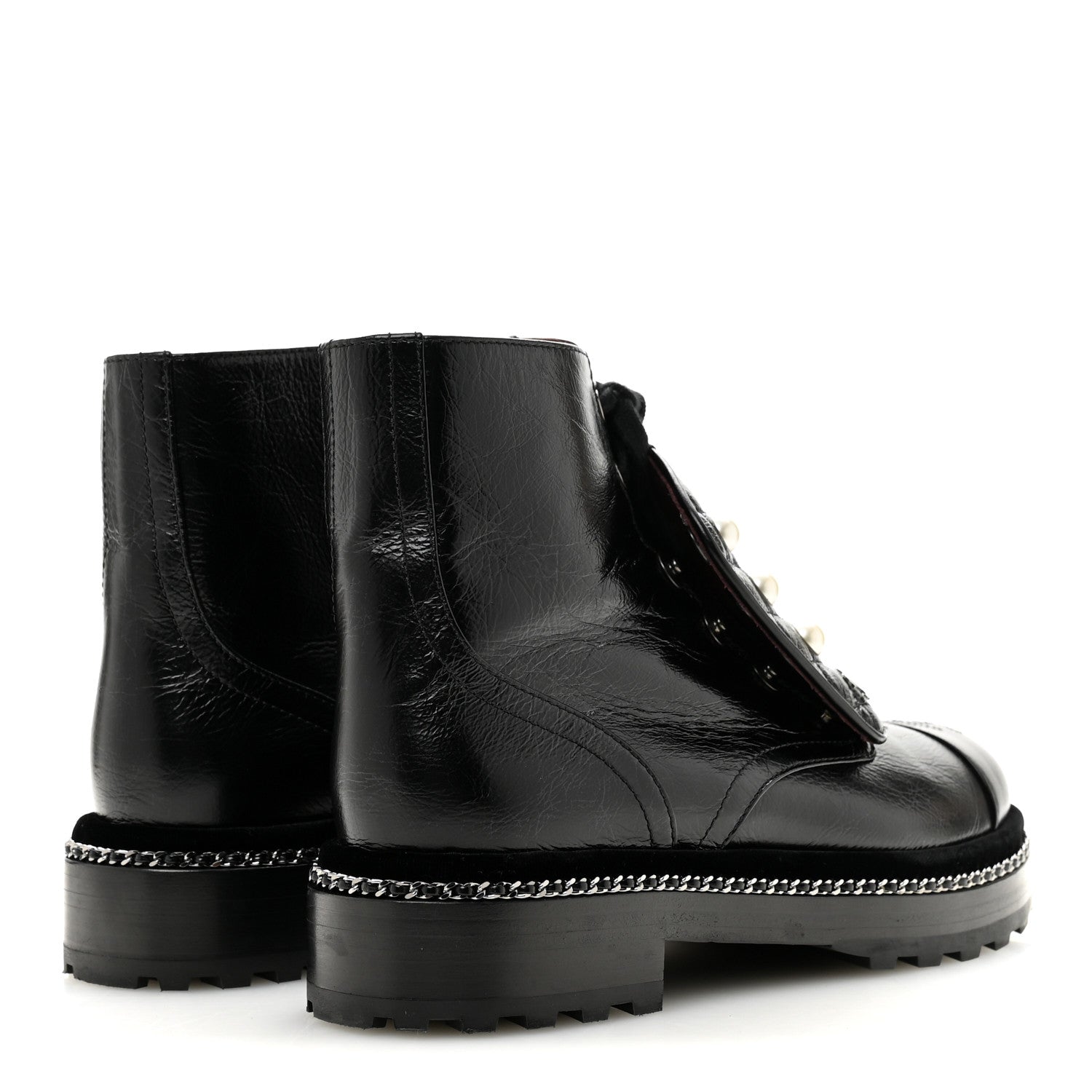 Chanel Crackled Calfskin Velvet Pearl Combat Short Boots 38.5 Black 5 of 10