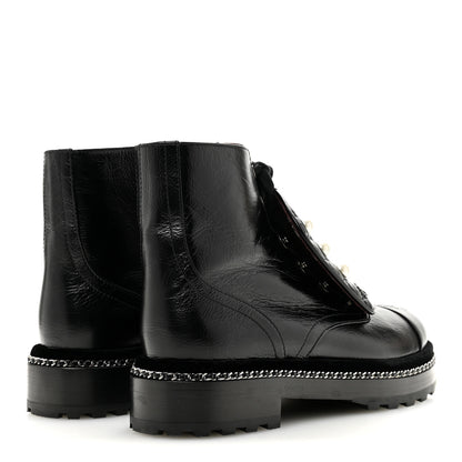 Chanel Crackled Calfskin Velvet Pearl Combat Short Boots 38.5 Black 5 of 10
