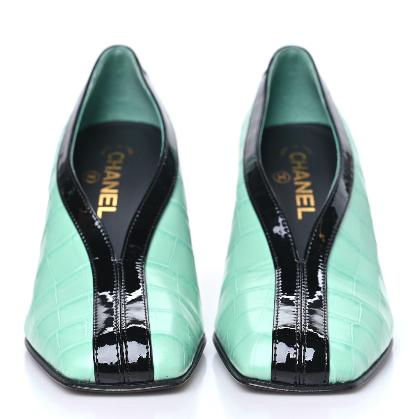 Crocodile Embossed Patent Calfskin Pumps 38 Green Black