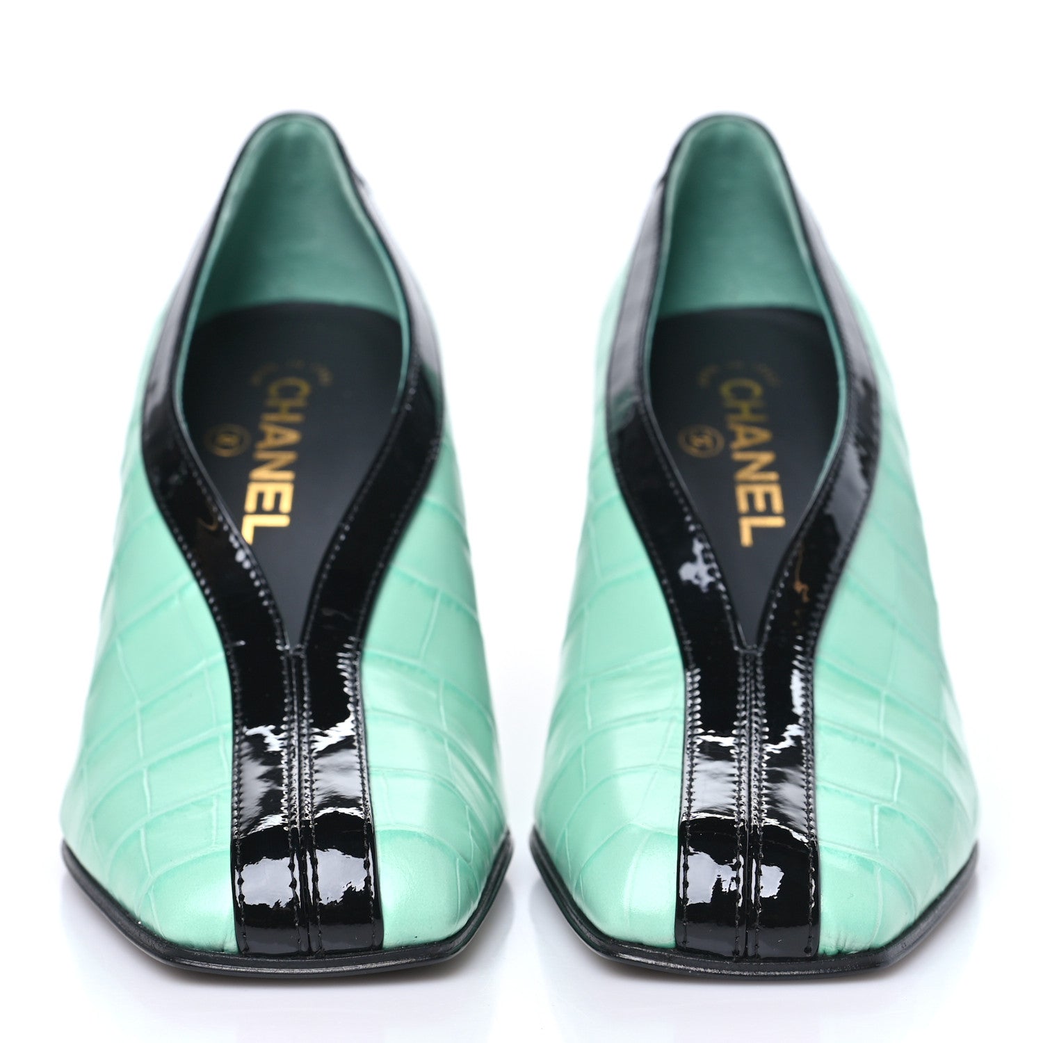 Chanel Crocodile Embossed Patent Calfskin Pumps 38 Green Black 3 of 10