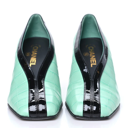 Chanel Crocodile Embossed Patent Calfskin Pumps 38 Green Black 3 of 10