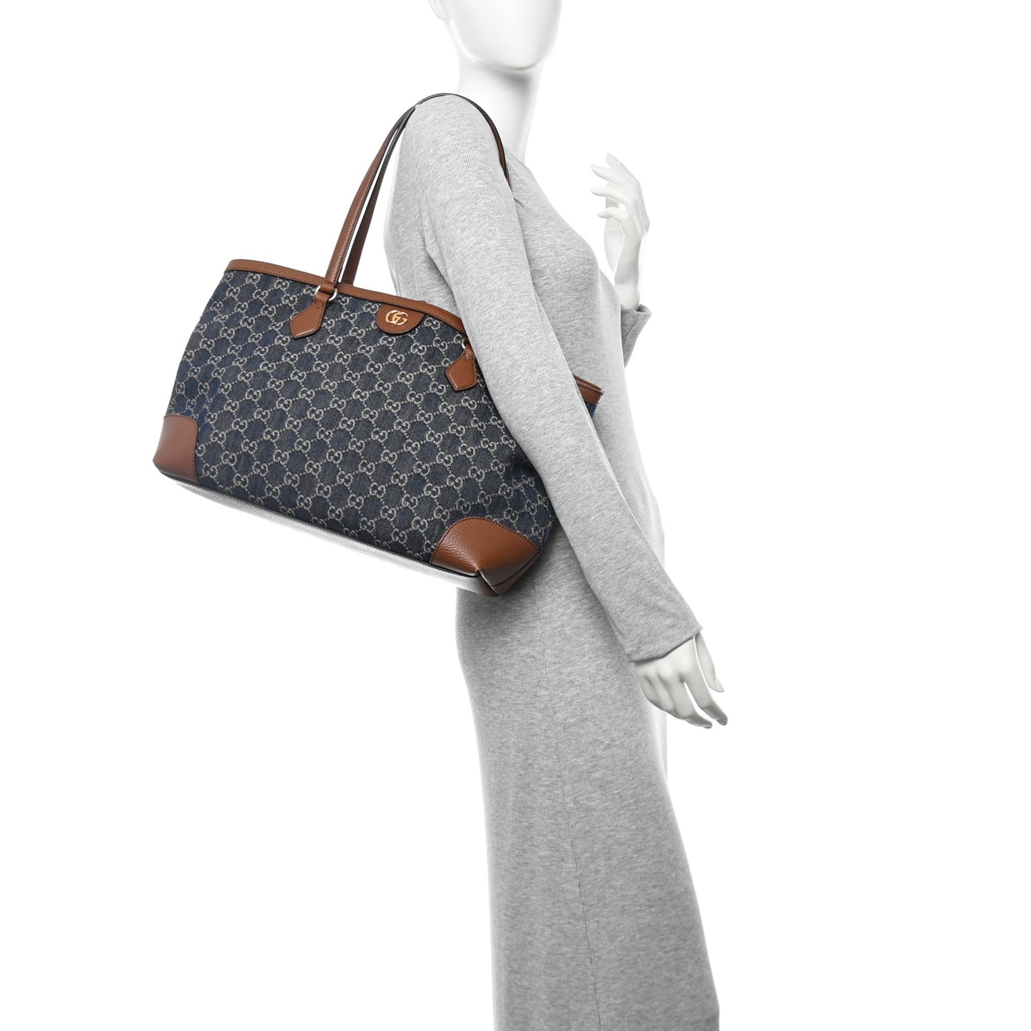 New Denim GG Monogram Medium Ophidia Shopping Tote Blue Tea Cuir