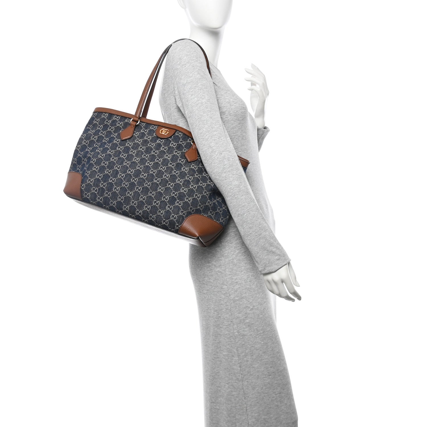 Gucci New Denim GG Monogram Medium Ophidia Shopping Tote Blue Tea Cuir 2 of 10