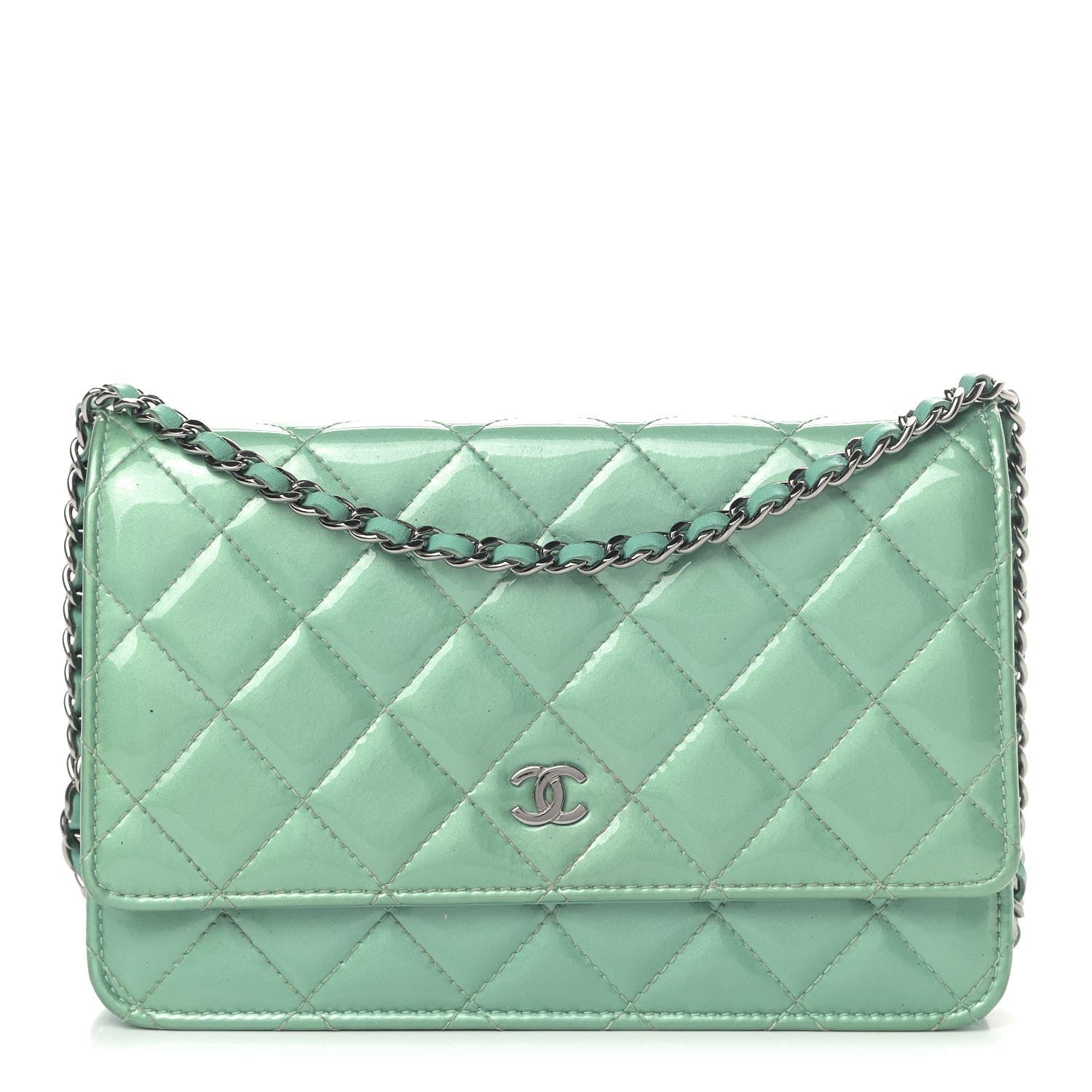 Chanel Patent Quilted Wallet On Chain WOC Blue 1 of 15
