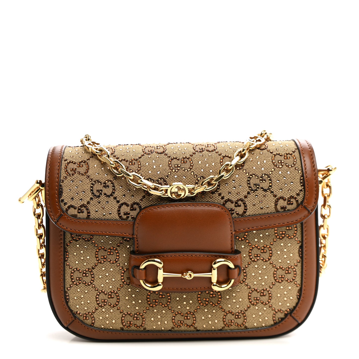 New Canvas Charisma Calfskin Crystal GG Monogram Mini Horsebit 1955 Shoulder Bag Camel Ebony