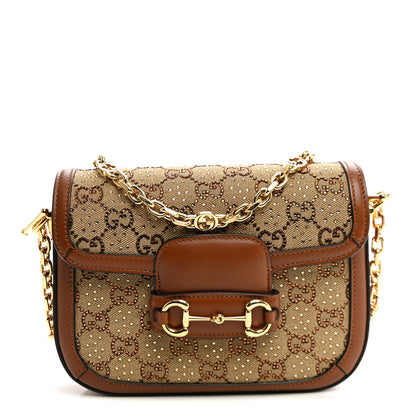 Gucci New Canvas Charisma Calfskin Crystal GG Monogram Mini Horsebit 1955 Shoulder Bag Camel Ebony 1 of 10