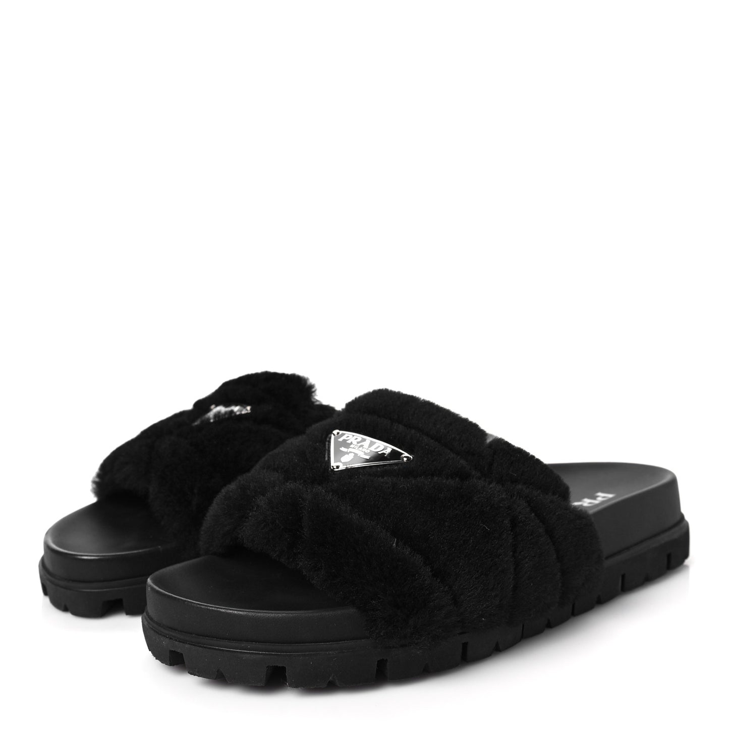 Shearling Metal Triangle Logo Lug Sole 20mm Slide Sandals 36 Black