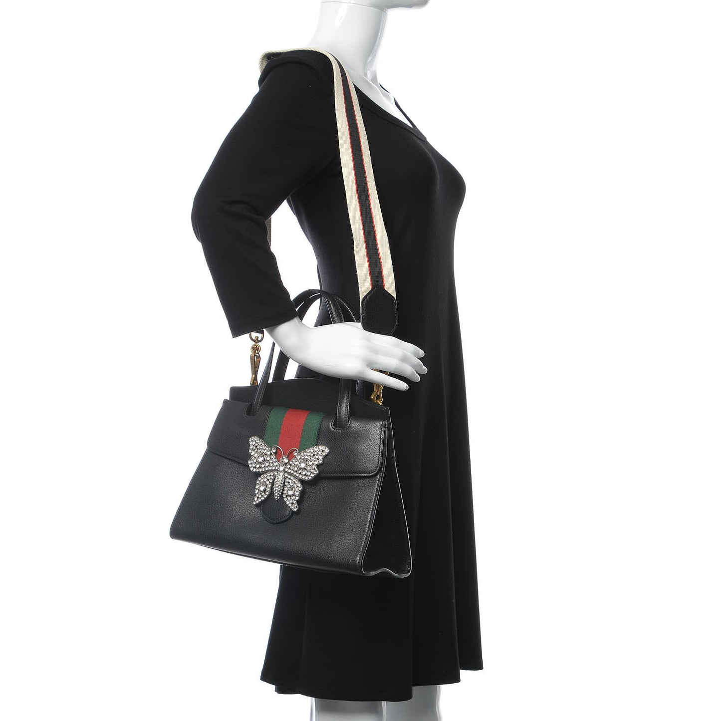 Grained Calfskin Web Crystal Butterfly Stripe Medium Totem Top Handle Bag Black