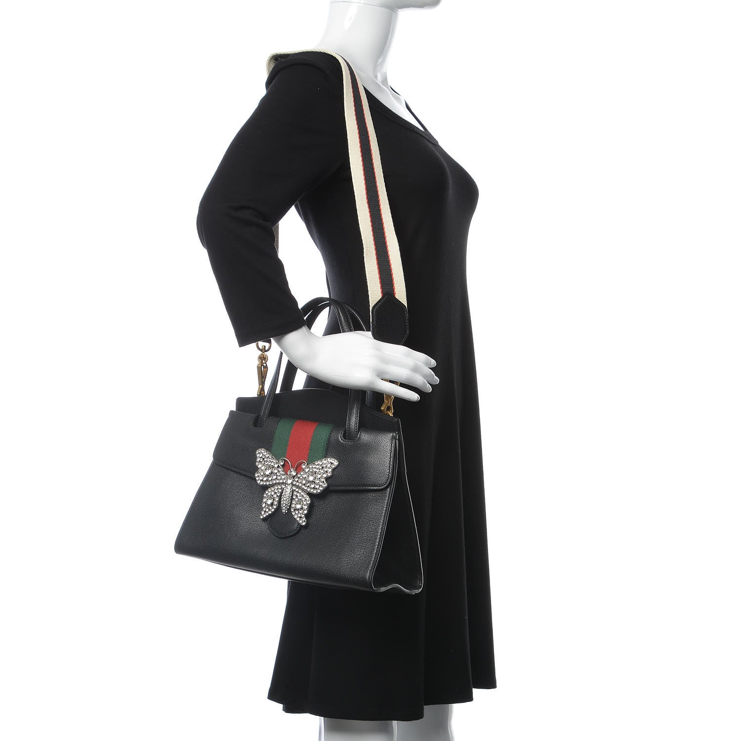 Gucci Grained Calfskin Web Crystal Butterfly Stripe Medium Totem Top Handle Bag Black 2 of 10