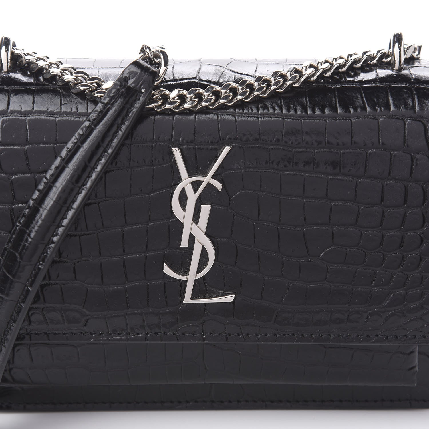 Saint Laurent Calfskin Crocodile Embossed Monogram Sunset Chain Wallet Black 10 of 10