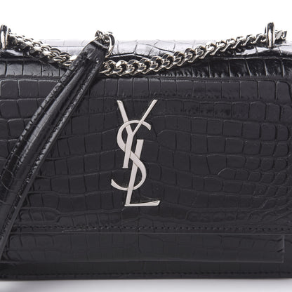 Saint Laurent Calfskin Crocodile Embossed Monogram Sunset Chain Wallet Black 10 of 10