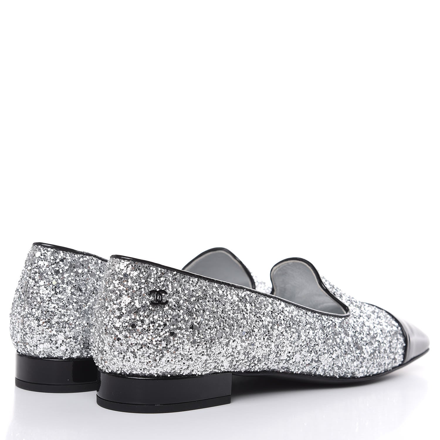 Chanel Glitter Fabric Patent Calfskin Mocassin Loafers 36.5 Black Silver 4 of 8
