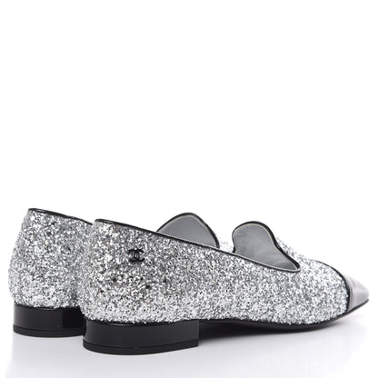 Chanel Glitter Fabric Patent Calfskin Mocassin Loafers 36.5 Black Silver 4 of 8