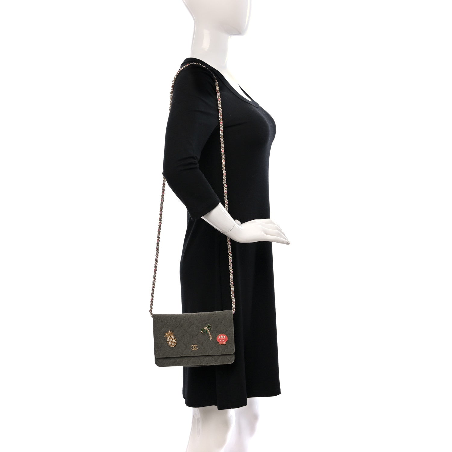 Chanel Canvas Quilted Coco Cuba Charms Wallet on Chain WOC Khaki 2 of 12