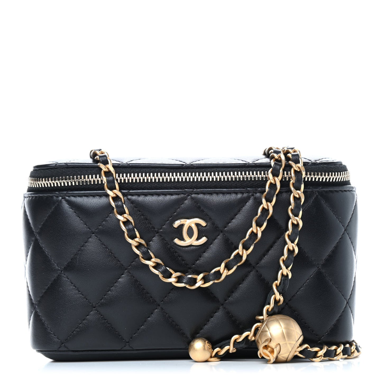 Lambskin Quilted Pearl Crush Small Vanity Case With Chain Black