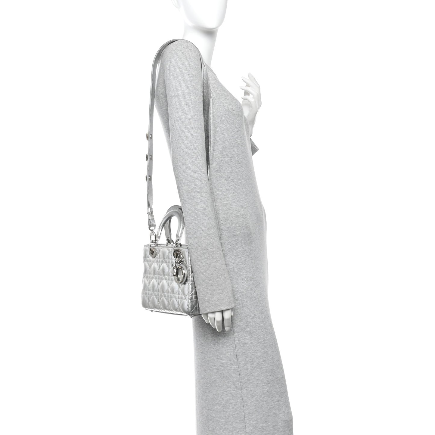 Metallic Grained Calfskin Cannage Small My ABCDior Lady Dior Silver