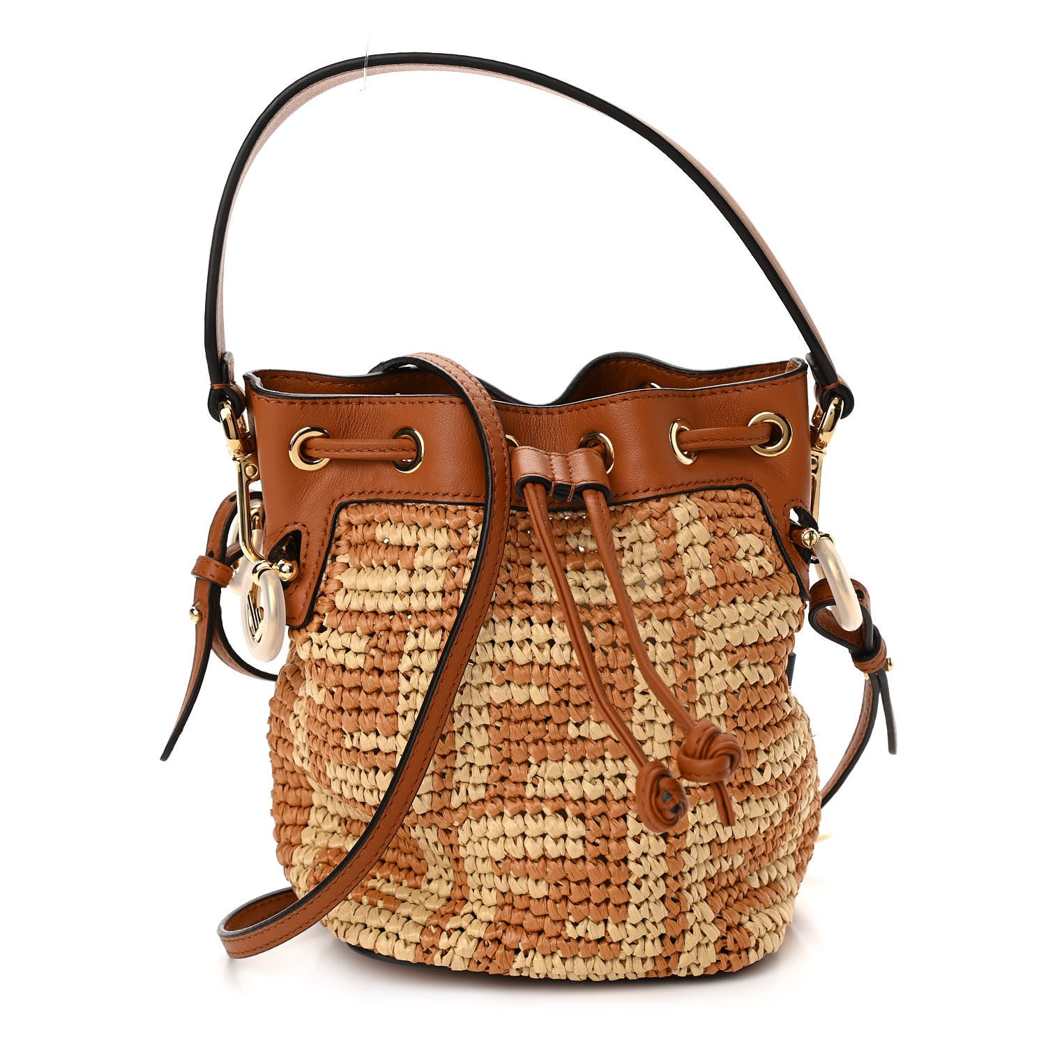 Fendi Raffia Vitello Seta F is Fendi FF Woven Mini Mon Tresor Bucket Bag Brick Natural 1 of 10