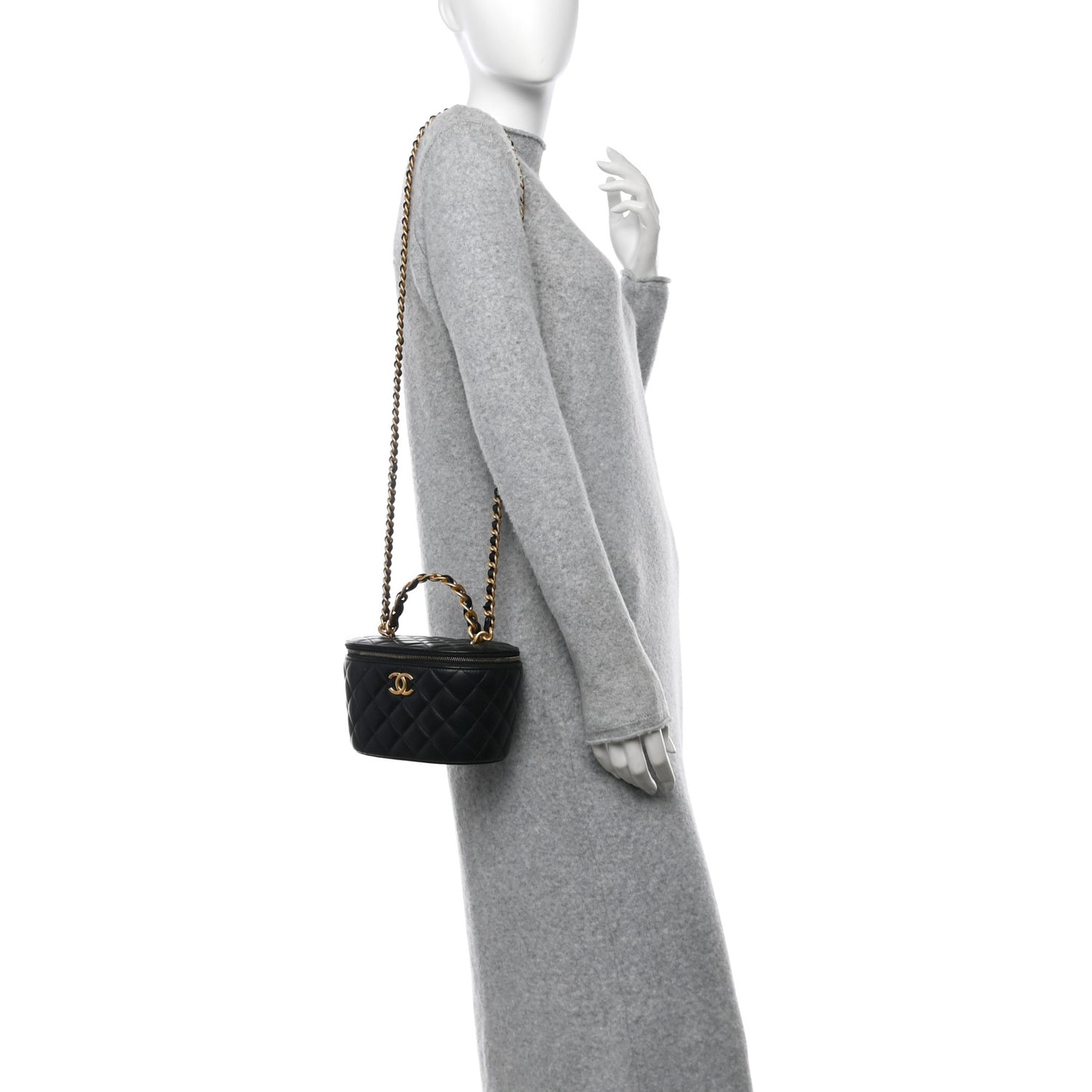 Lambskin Quilted Chain Top Handle Round Vanity Case Black