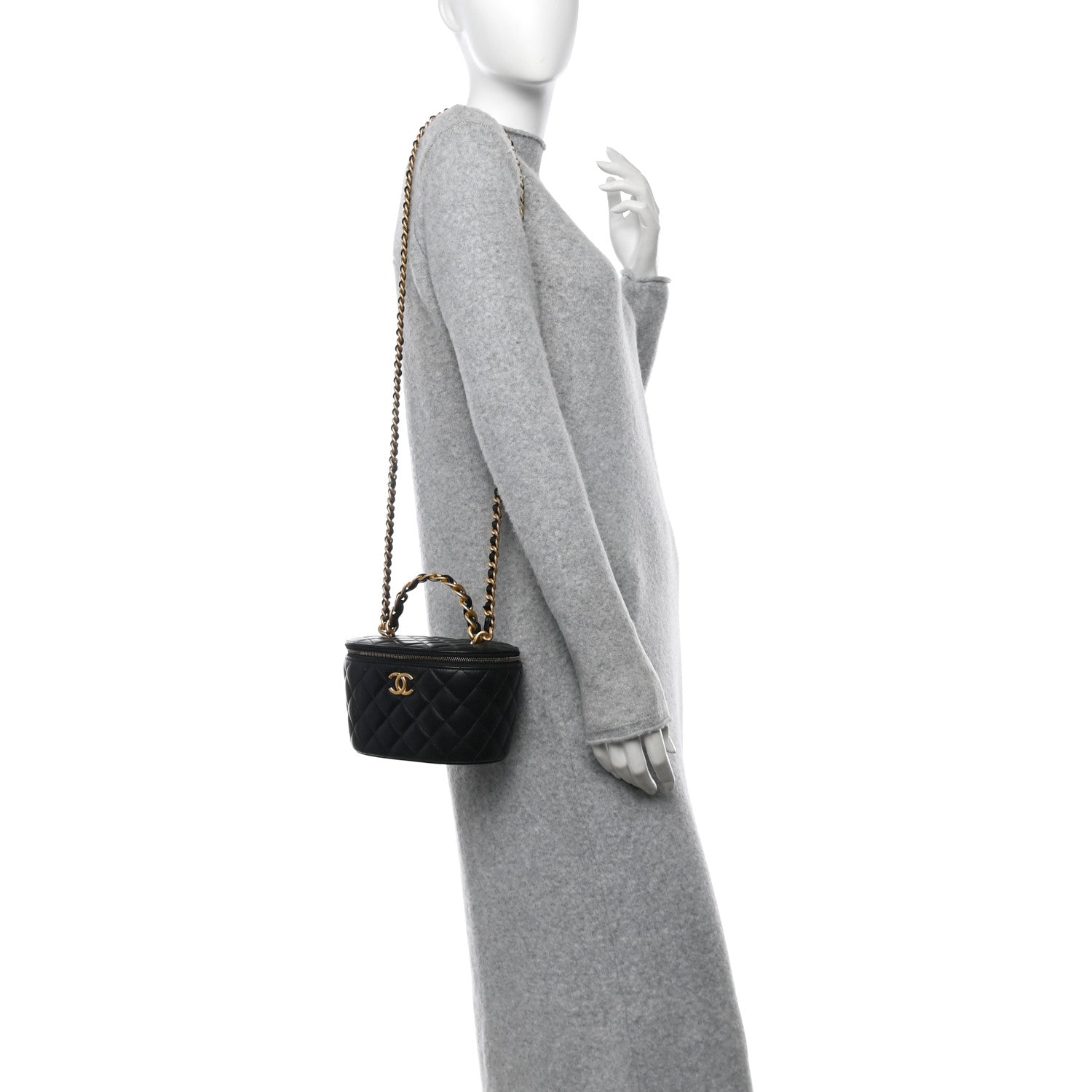 Chanel Lambskin Quilted Chain Top Handle Round Vanity Case Black 2 of 11