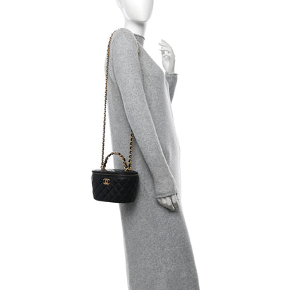 Chanel Lambskin Quilted Chain Top Handle Round Vanity Case Black 2 of 11