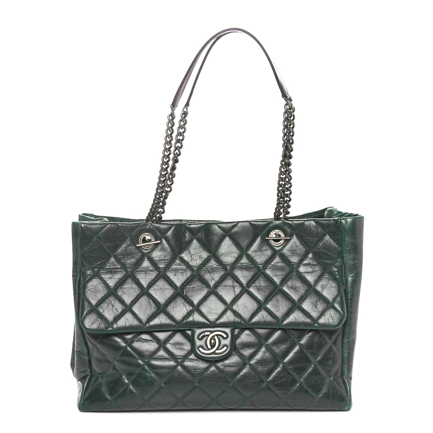 Glazed Calfskin Quilted Duo Color Large Tote Dark Green