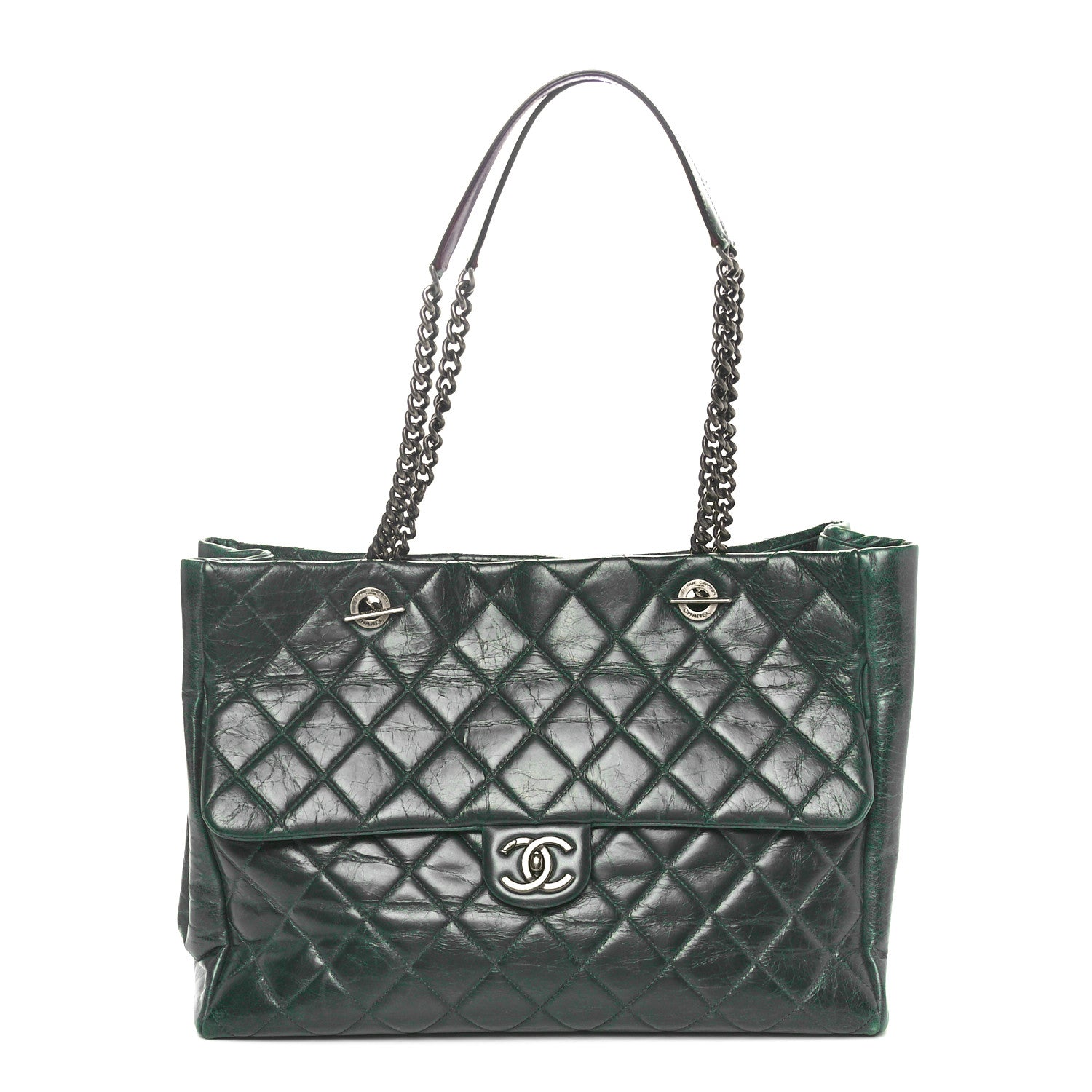 Chanel Glazed Calfskin Quilted Duo Color Large Tote Dark Green 1 of 10