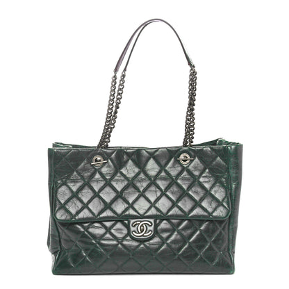 Chanel Glazed Calfskin Quilted Duo Color Large Tote Dark Green 1 of 10