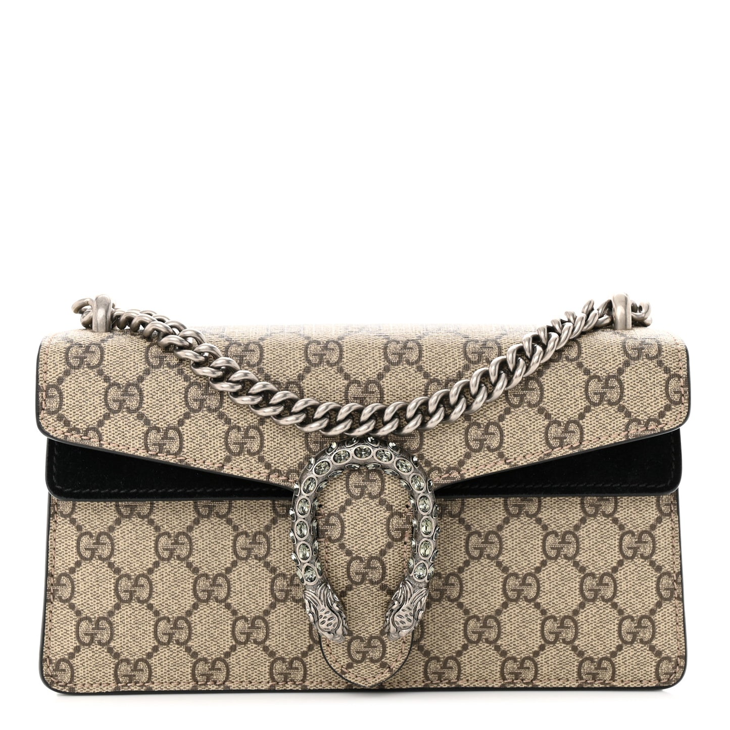 GG Supreme Monogram Suede Crystal Small Dionysus Shoulder Bag Beige Ebony Black