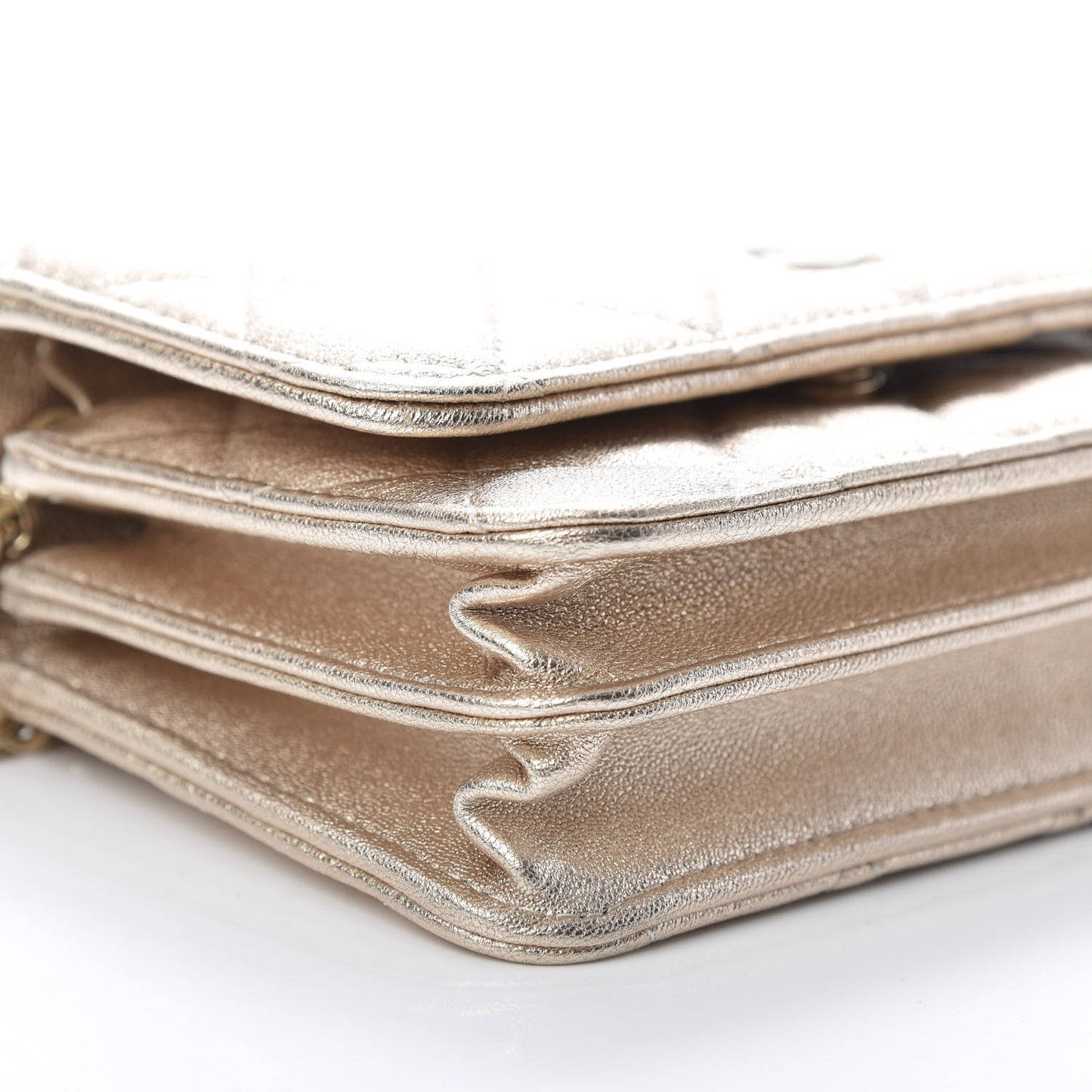 Metallic Lambskin Quilted Mini Wallet On Chain WOC Gold