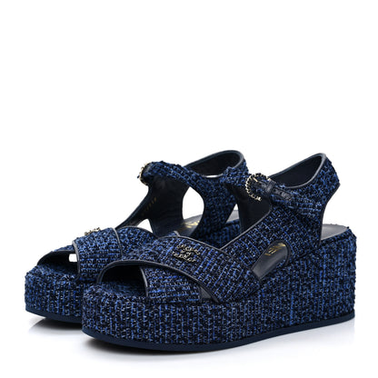 Chanel Silk Linen Tweed Quilted CC Platform Sandals 36.5 Navy Blue Gray 3 of 9