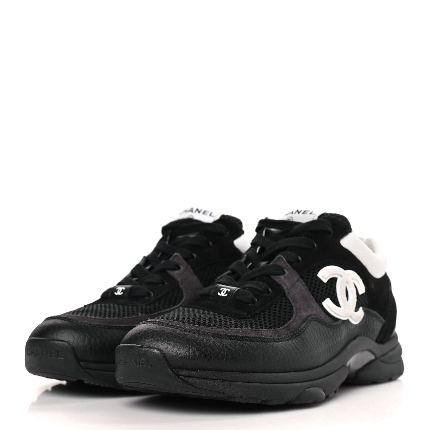 Chanel Mesh Suede Calfskin Grained Calfskin Womens CC Sneakers 39.5 White Black 3 of 7