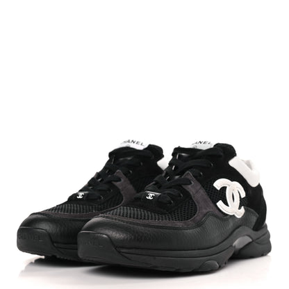 Chanel Mesh Suede Calfskin Grained Calfskin Womens CC Sneakers 39.5 White Black 3 of 7