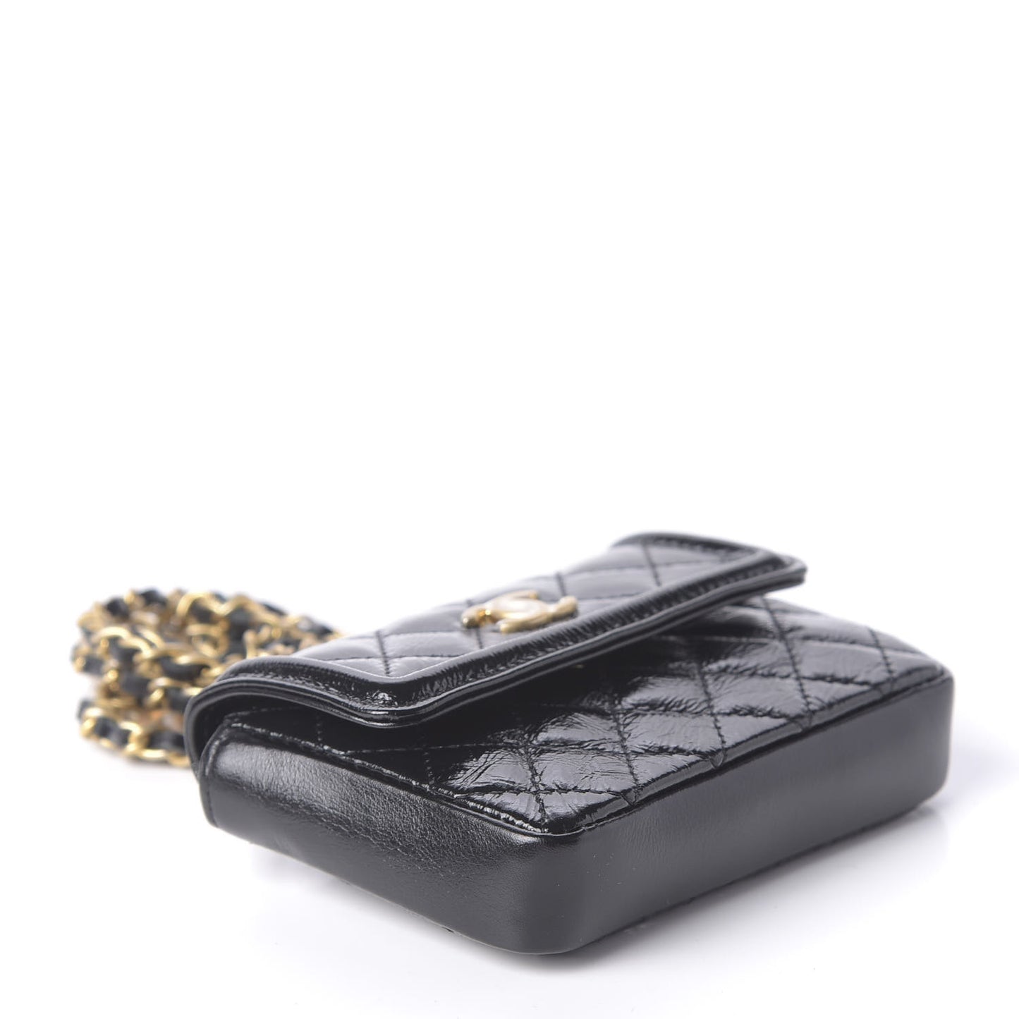 Shiny Aged Calfskin Quilted Waist Belt Bag Black