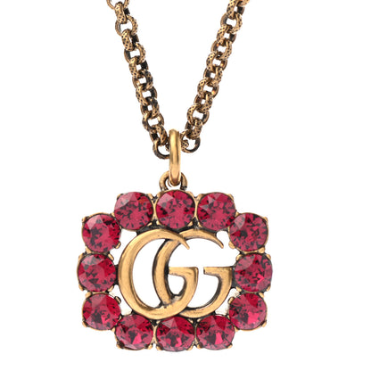 Gucci Crystal Embellished Double G Necklace Aged Gold Red 4 of 5