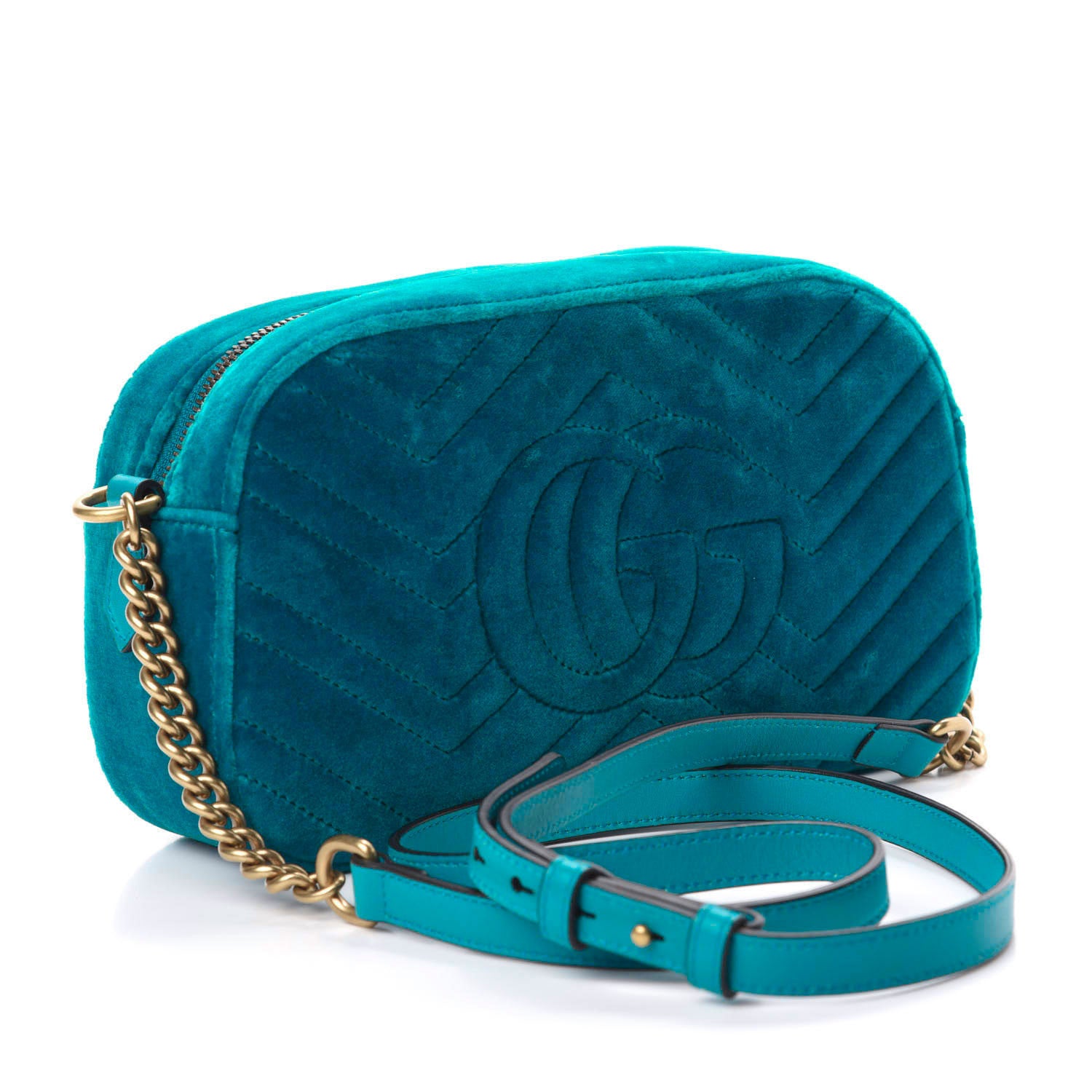 Gucci Velvet Matelasse Small GG Marmont Chain Shoulder Bag Pavone Cyan 2 of 11