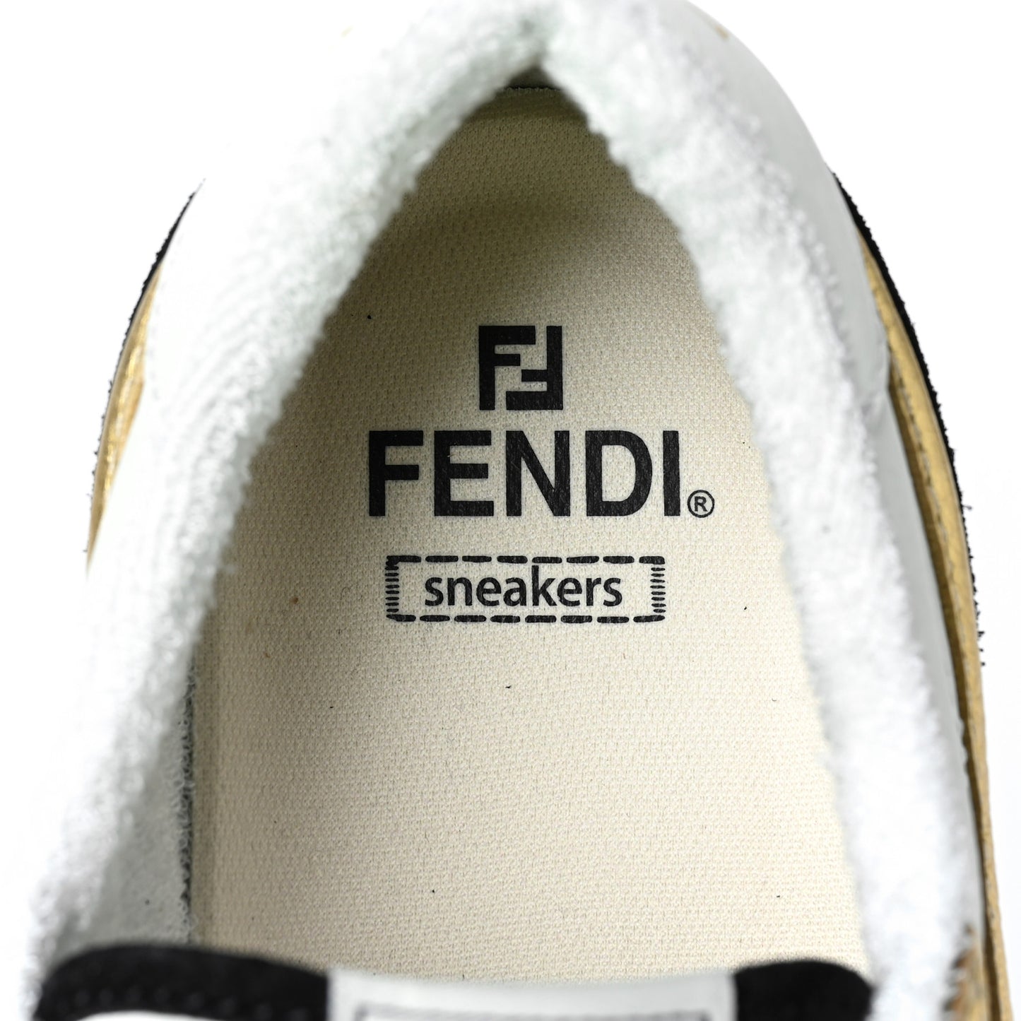 Grained Calfskin Mens Fendi Match Low Top Sneakers 8 White Black Gold