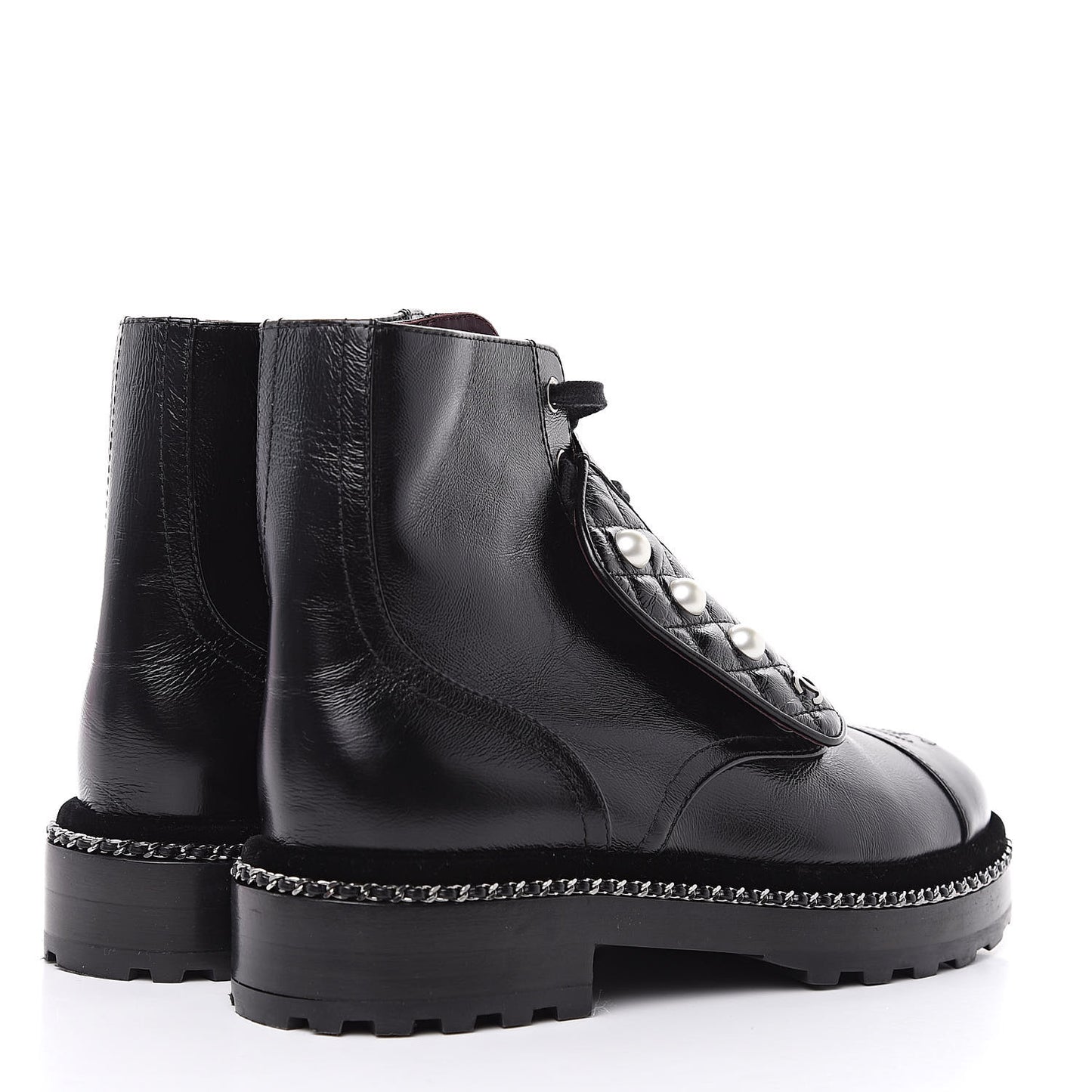 Crackled Calfskin Velvet Pearl Combat Short Boots 38 Black