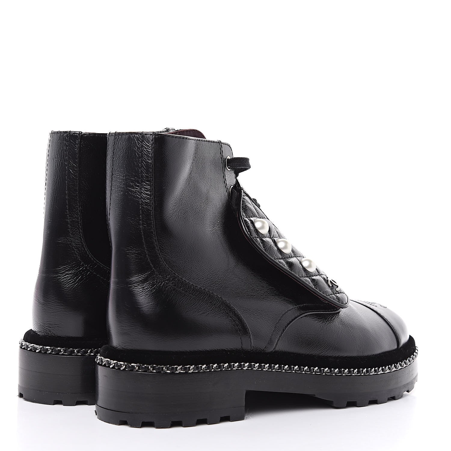 Chanel Crackled Calfskin Velvet Pearl Combat Short Boots 38 Black 5 of 8