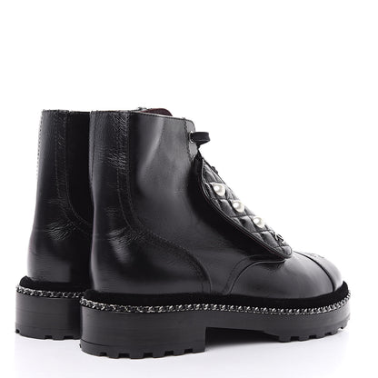 Chanel Crackled Calfskin Velvet Pearl Combat Short Boots 38 Black 5 of 8
